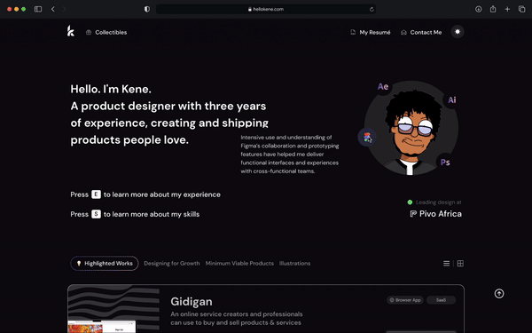 kene's portfolio website gif
